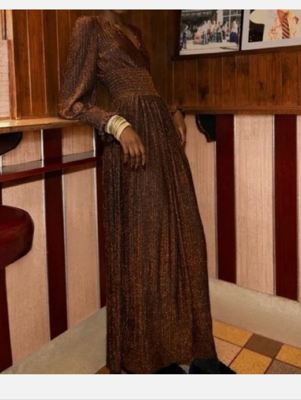 Boden Metallic Jersey Plissé Maxi Dress Bronze Shimmer Size 4R EUC